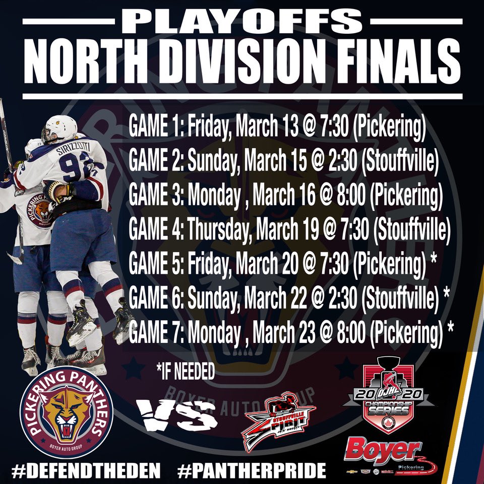 PanthersOJHL's tweet photo. It’s official! ROUND 2: The North Division Finals starts this Friday March 13 here in the den as we take on the @SpiritJrA ! #DefendTheDen #pantherpride😼 #RunAsOne https://t.co/jgqIlqjTAU