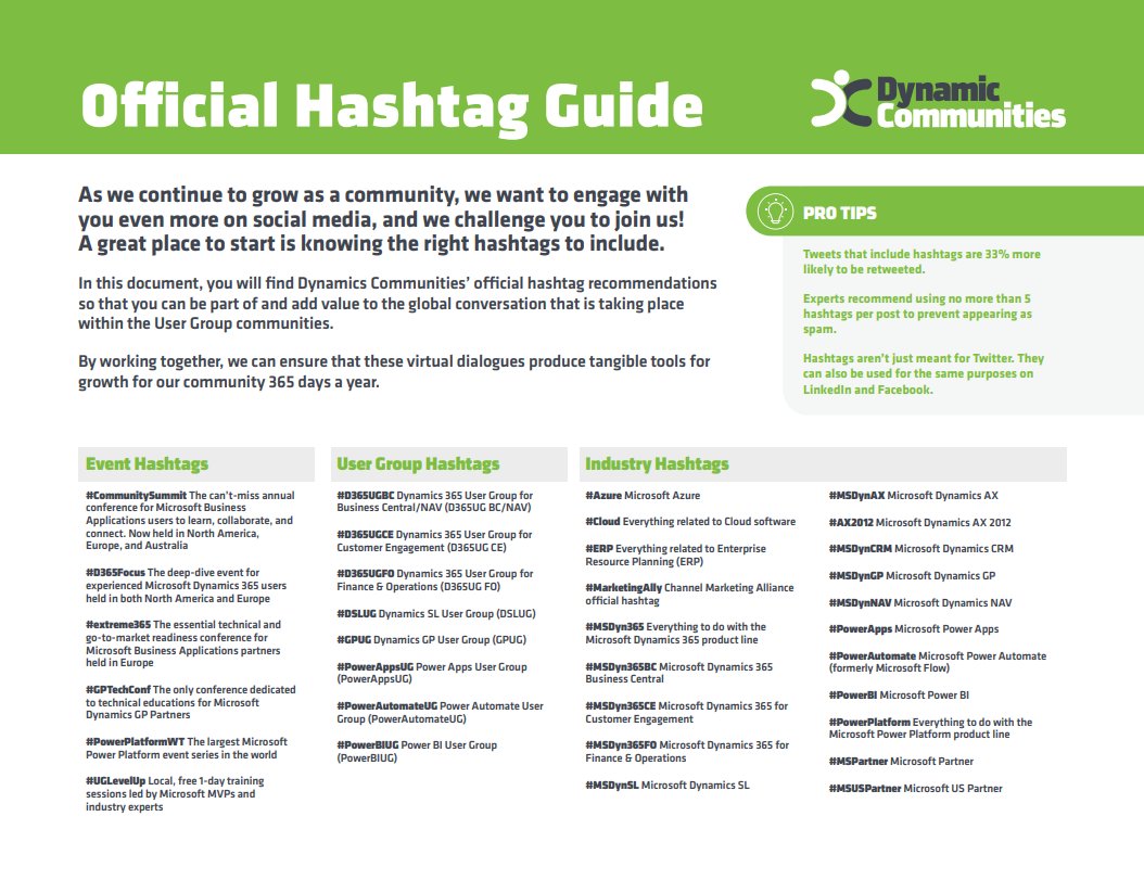 D365Communities's tweet image. Now Available to Download: Dynamic Communities' Official Hashtag Guide! Use this document as a guide to know what #hashtags to use and when, and to stay a part of the global Community conversation. Download it for FREE: hubs.ly/H0nmkS10