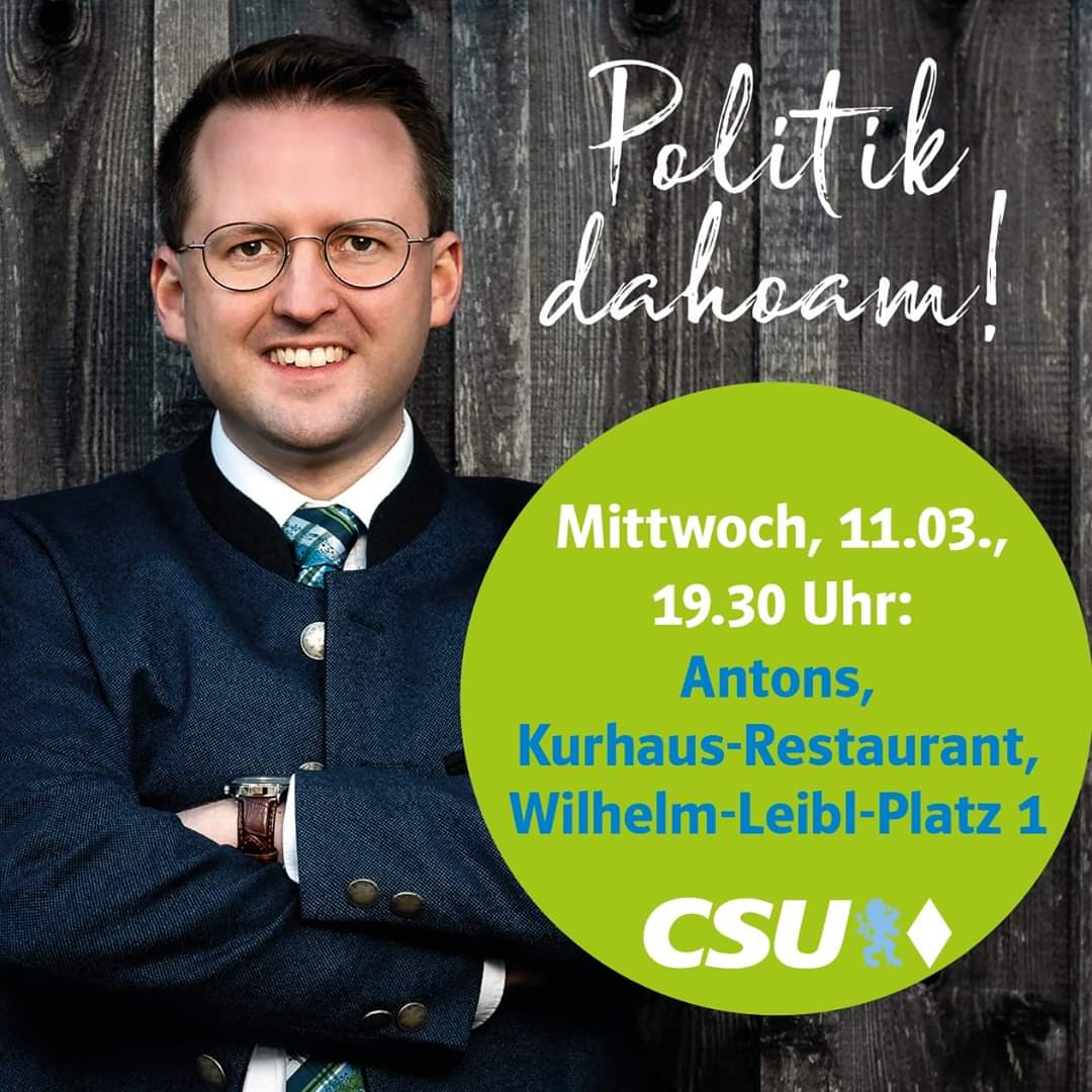 StephanSchlier's tweet photo. „Politik dahoam in #BadAibling“ - Herzliche Einladung für heute Abend ins Kurhaus-Restaurant Antons zu unserer Kandidatenvorstellung. Es ist die letzte Veranstaltung vor der Wahl! #BadAiblingimHerzen #HeimatmitZukunft #HeimatmitPotential #TeamSchlier #TeamAibling #Schlierwählen https://t.co/WZnTdaYRAZ