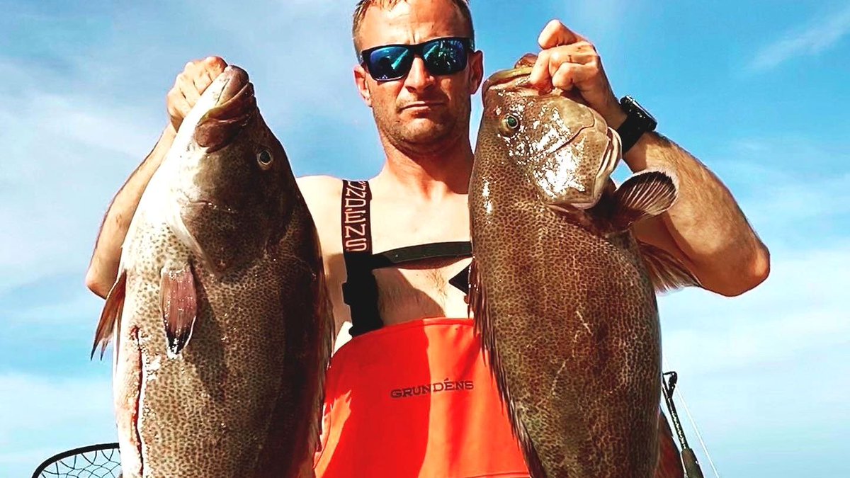 Miller Fishing Company showing off the goods: two burly scamp grouper, caught 60mi off the coast of Mobile, Alabama using live bait. Nice one! 

#wearefishing