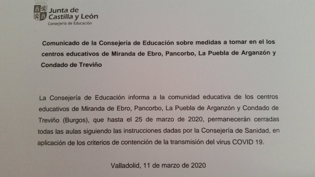 FrayPedroUrbina's tweet photo. Siguiendo indicaciones de la Consejería de la Junta de Castilla y Leon, se adjunta para conocimiento y para su difusión a todos los centros educativos de Miranda de Ebro, Pancorbo y el Condado de Treviño. @FrayPedroUrbina https://t.co/B4GapQyuOP