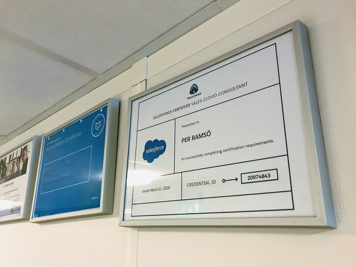 RamsoPer's tweet image. Fjerde Salesforce-sertifisering på plass og hengt opp på veggen: Sales Cloud Consultant :)

#salesforcecertified #NyttFraInlead #Salg #Salesforce