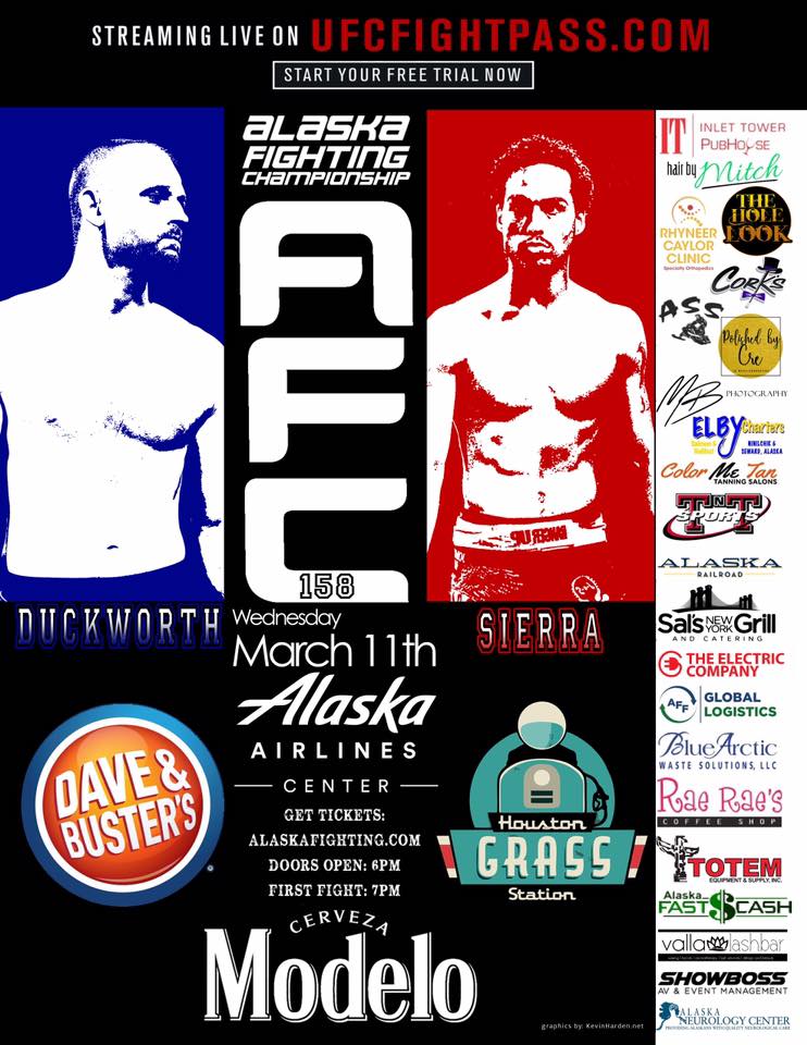 💥📣💥Wake up y'all! It's #FightNight! If last AFC showed us anything, it's that you will NOT want to miss tonight's match! Catch <a href="/AlaskaFighting/">Alaska Fighting</a> 158 tonight @ 7PM Tix Here: bit.ly/AFCTIX #GetInTheCage
Main Event - Jeremiah "La Aguila" Sierra vs. Tyson Duckworth