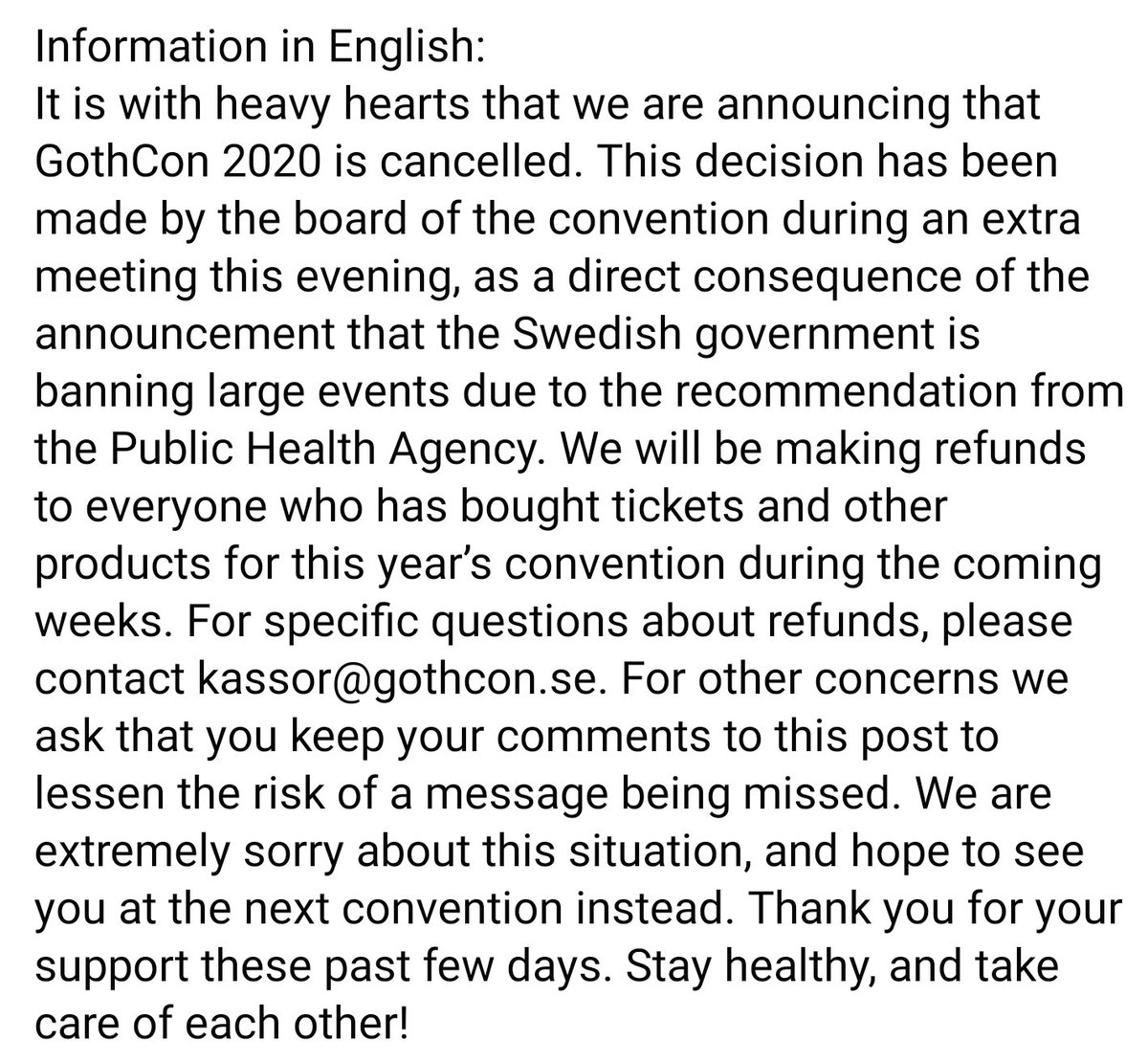 GothCon's tweet image. Angående GothCon 2020 / Concerning GothCon 2020