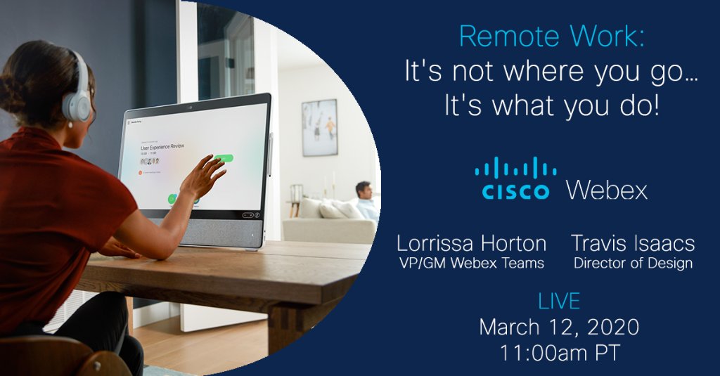 CiscoCollab's tweet image. ⏰ Join @lorrissa_horton and @tbisaacs tomorrow at 11am PST and bring your questions!

🏡 #RemoteWork: How do you do it, where do you start, and does it work?

🎥 Live on Twitter, Facebook and LinkedIn. 

#WorkFromHome
