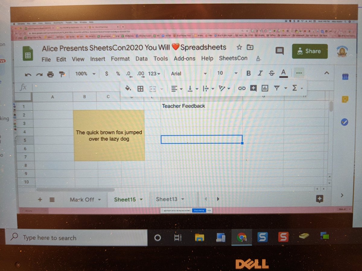 mrnickcusumano's tweet photo. Favorite @alicekeeler #spreadsheet terminology during #SheetsCon2020 #bigmac #emojipedia #tab_it #hyperlink_withaK #sprarkline #fontcolor = #chechboxcolor #spacebar #ctrlz #alternatingcolors #writeanessayinspreadsheet Thx @benlcollins 4 hosting event. Amazing work @alicekeeler https://t.co/0KtIapXwU3