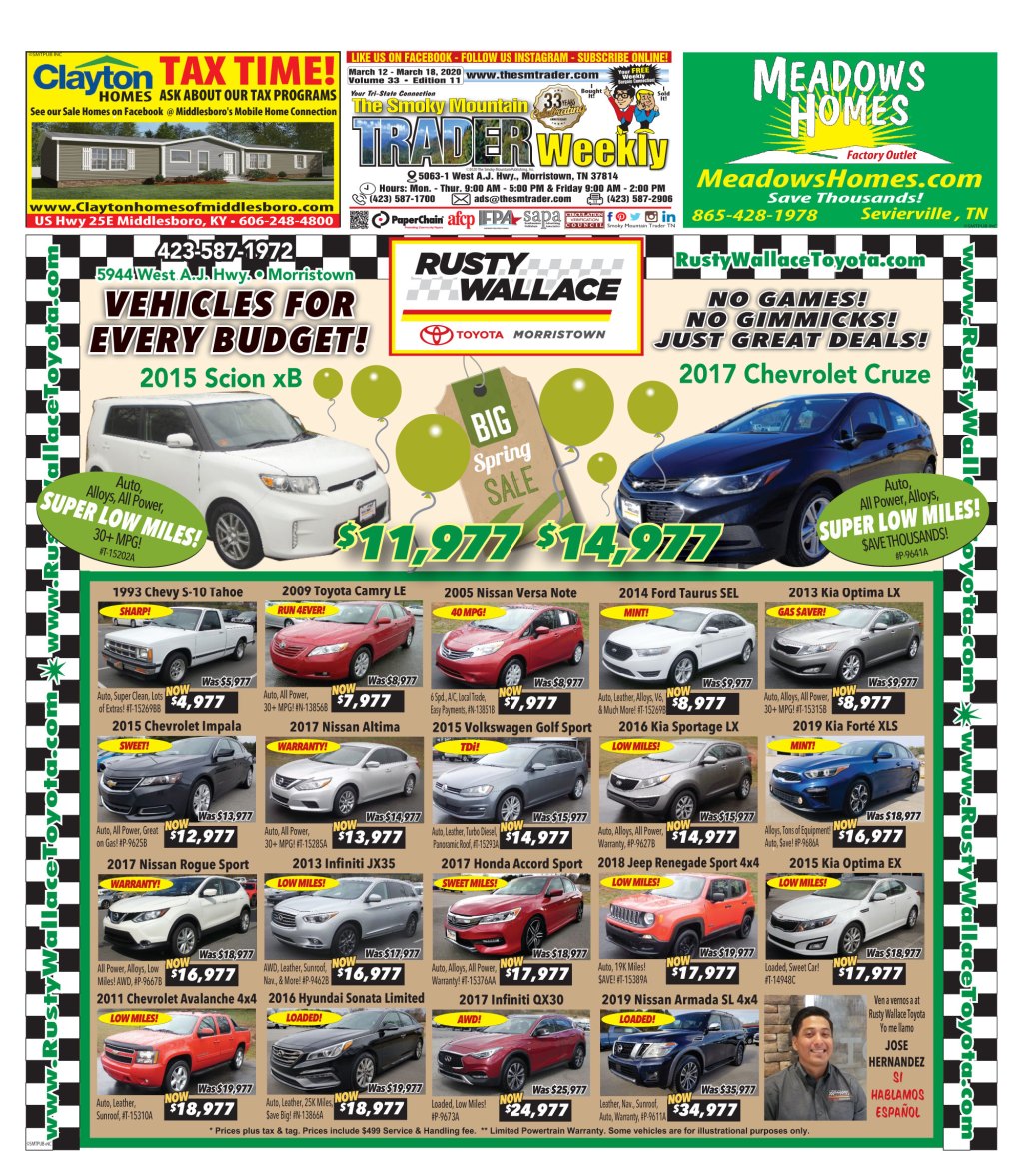 SmkyMtnTrader's tweet photo. 🍀 🍀 Lucky Good Deals inside the March 12, 2020 issue of The Smoky Mountain Trader. #SmkyMtnTrader This week features Rusty Wallace Toyota on the Front. https://t.co/FZKnlLBbAx https://t.co/afa3VUwBxc