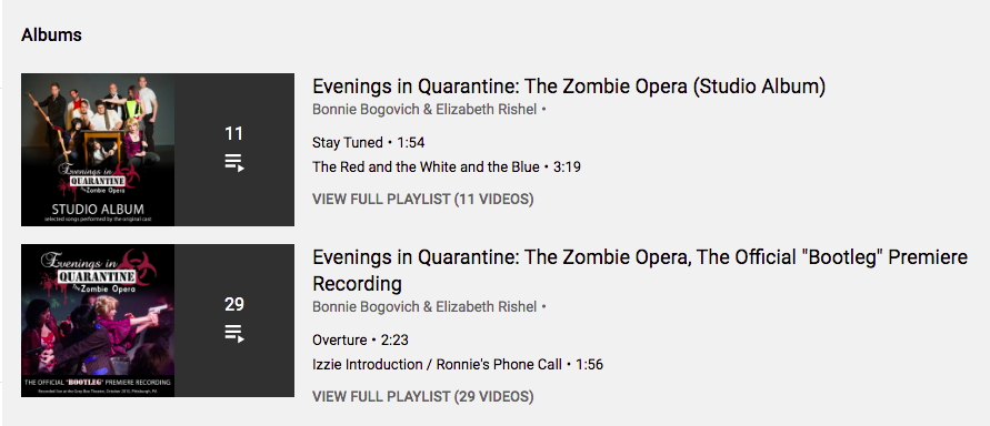 TheZombieOpera's tweet photo. Oh, and in case you prefer to listen to your music on Youtube, we got you covered!  Both our "Studio Album" and "Bootleg Premiere" are available as playlists. Links have been added to our merch page:) Enjoy! https://t.co/mqxgEAp7Ws
#zombies #soundtrack #opera #musical #singing https://t.co/Bvqv9h4Kr5