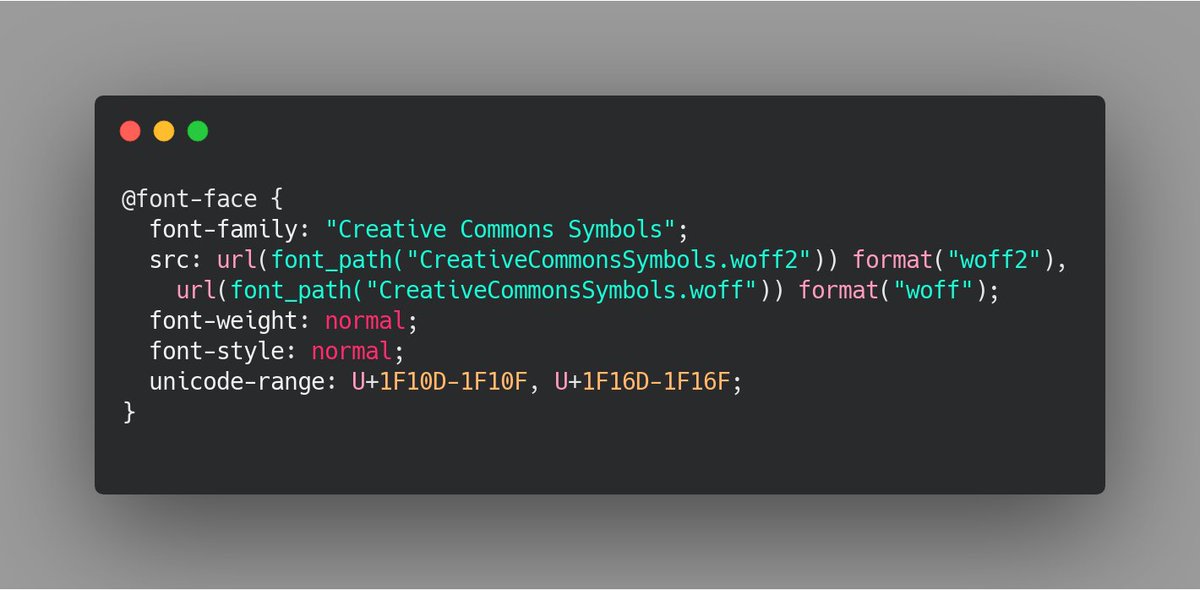 @font-face {
  font-family: "Creative Commons Symbols";
  src: url(font_path("CreativeCommonsSymbols.woff2")) format("woff2"),
    url(font_path("CreativeCommonsSymbols.woff")) format("woff");
  font-weight: normal;
  font-style: normal;
  unicode-range: U+1F10D-1F10F, U+1F16D-1F16F;
}