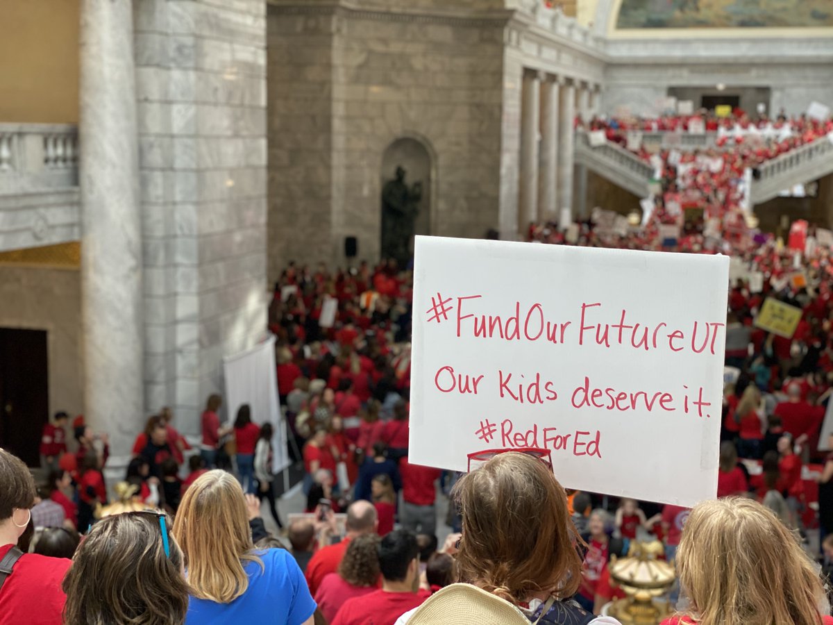 RaeOnTheNews's tweet photo. The SLEA teachers walked out (Feb. 28th) asking to #StartWith6. Today, it was announced legislative leaders and education stakeholders came to an agreement on funding. 6% increase on WPU ($ per student) & $331 million this year & a reserve for education #GoRedForEd @pbsutah https://t.co/j7qOfeXZLa