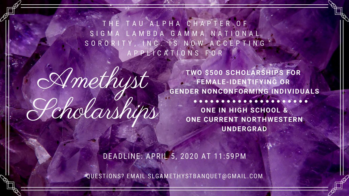 SLGTauAlpha's tweet photo. Reminder that Tau Alpha is accepting applications for our Amethyst Scholarships! We are giving away two $500 scholarships -- one to a high schooler and one to an NU undergrad. Apply today: https://t.co/iPYwqIvfj4 https://t.co/FZ2hqwcvWK