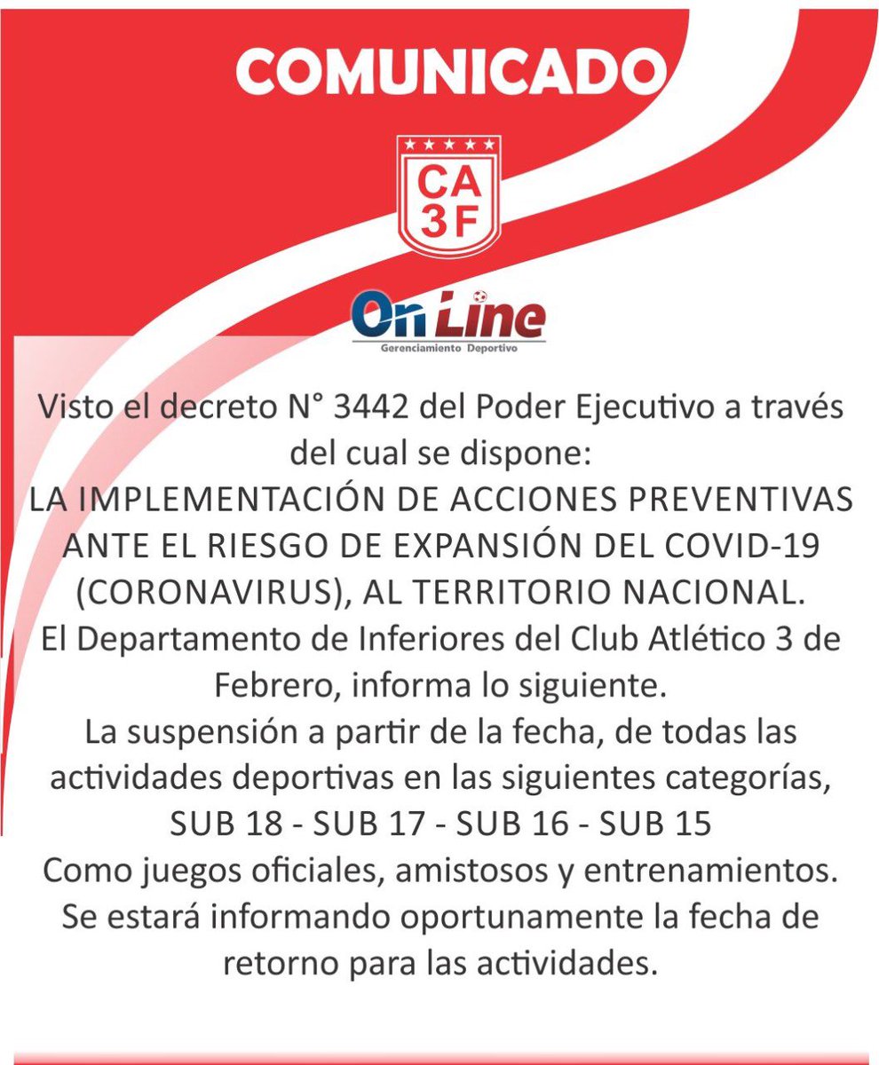 CA3F's tweet photo. La empresa gerenciadora de las Formativas del CA 3 de Febrero (@OnLineSAFutbol) se une al decreto Nro. 3442 del Poder Ejecutivo 👇 https://t.co/Rk5z7bCUkM