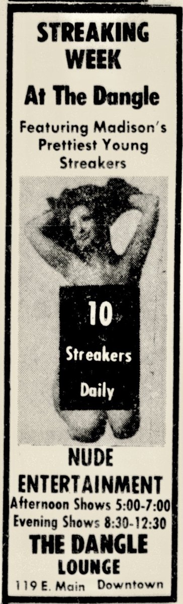 SleazyMadison's tweet photo. STREAKING WEEK At The Dangle — Featuring Madison’s Prettiest Young Streakers — 10 Streakers Daily! Published Mar. 11, 1974. https://t.co/VVme3D1IL0