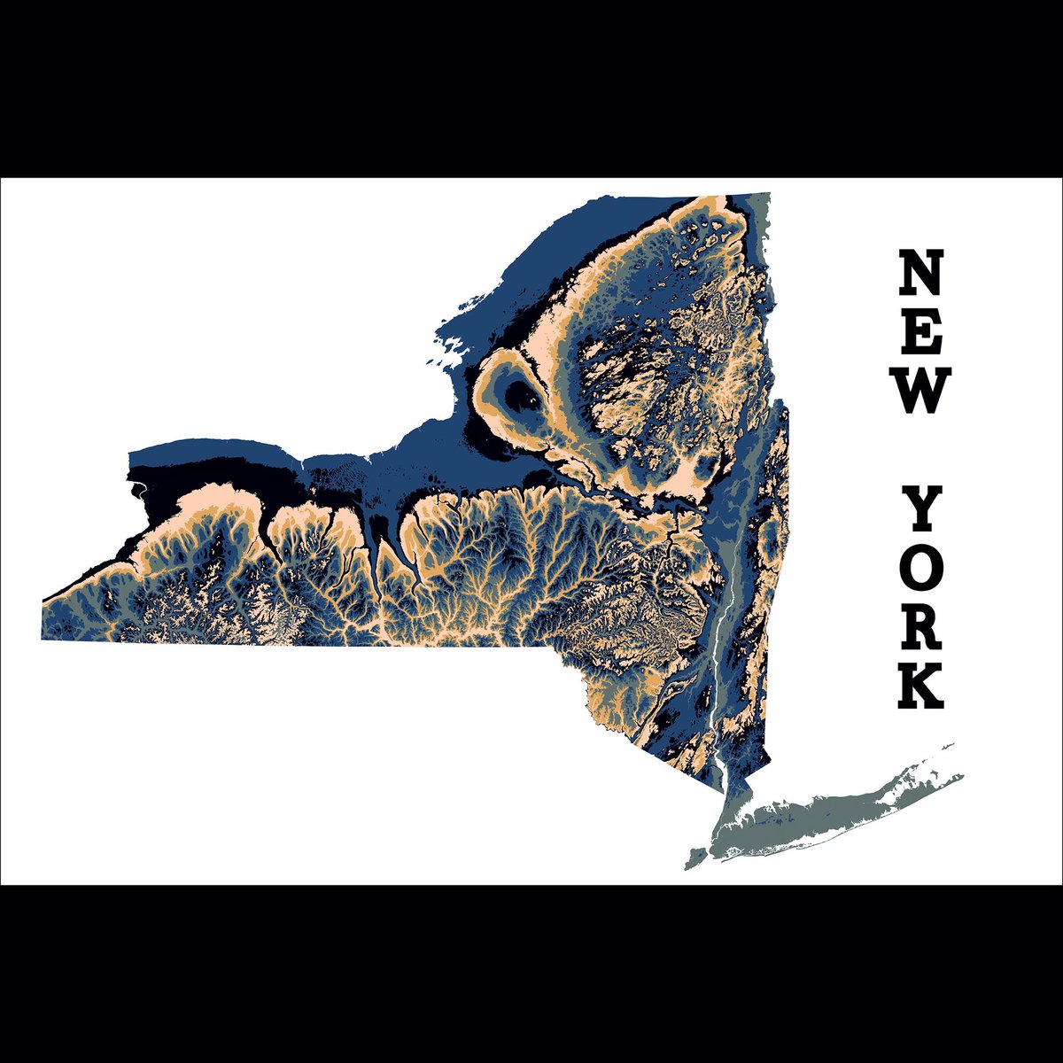 Artistic #map of the topography of #NewYork. 250 ft contours, 5 repeating colors. Find more states at beatnikprints.com/state-wide-maps