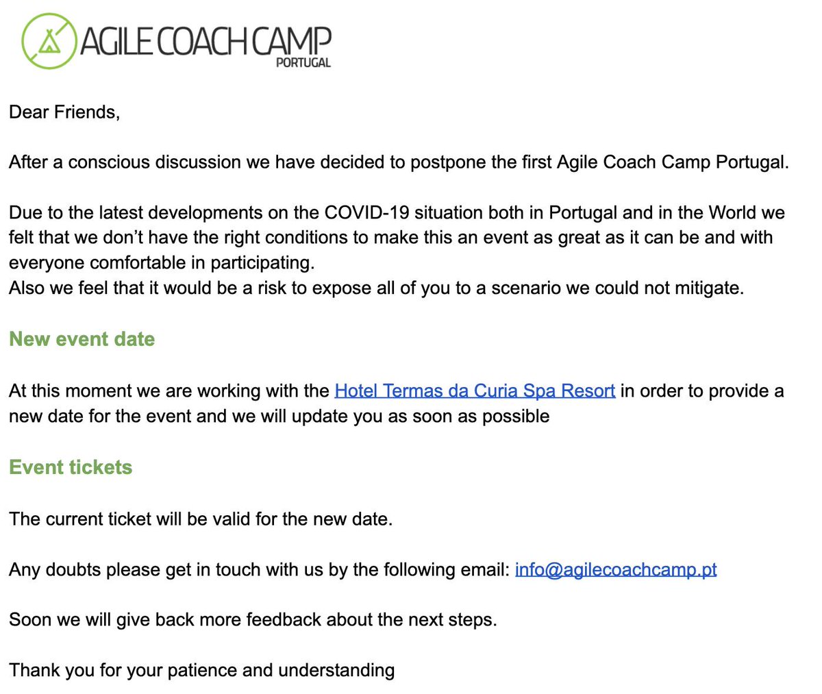 Unfortunately we had to postpone the first Agile Coach Camp Portugal. 

The situation is serious and we are committed to deliver an awesome event and under the circumstances we couldn't.

Soon we will give more news on the reschedule.

Thanks to all and be safe.

#accpt