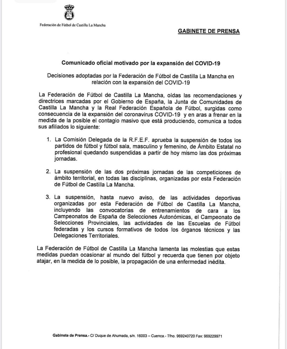 CDTarancon's tweet photo. COMUNICADO OFICIAL | Nos hacemos eco y compartimos la decisión de la Federación. 
Durante las próximas dos jornadas, los partidos quedan suspendidos. Lo que afecta al enfrentamiento de este sábado de nuestro club. https://t.co/Y6xH7Q1etZ