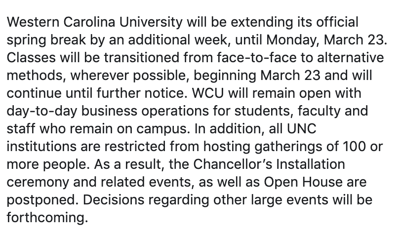 WCU's tweet photo. Update from campus leadership regarding the Coronavirus.

Full update at https://t.co/LBU6We5gQU https://t.co/mwVGjXKlne
