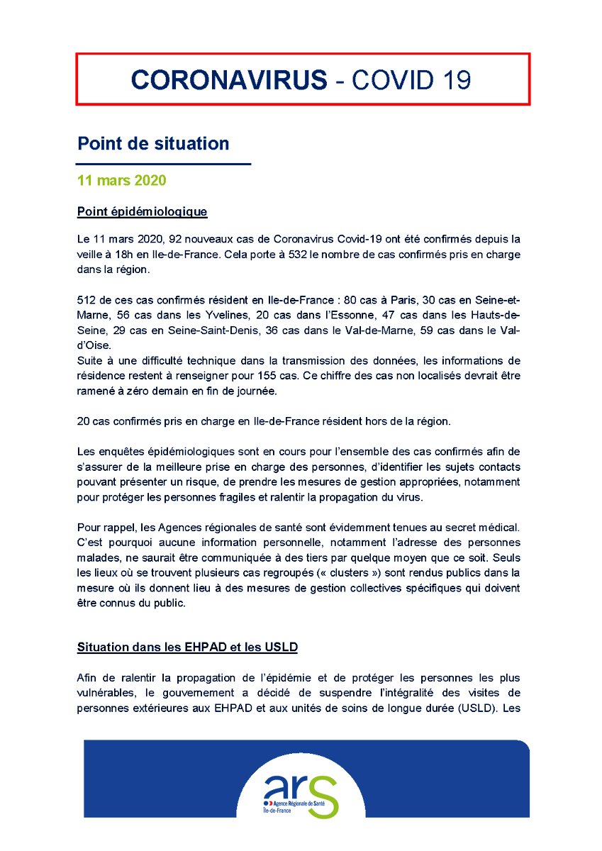 ARS_IDF's tweet photo. #Coronavirus #Covid_19 : point de situation en Île-de-France (11/03/2020). 
Tous les points de situation : https://t.co/johkgUJiiu https://t.co/nNGsj7WdhY