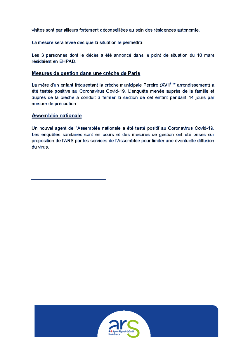 ARS_IDF's tweet photo. #Coronavirus #Covid_19 : point de situation en Île-de-France (11/03/2020). 
Tous les points de situation : https://t.co/johkgUJiiu https://t.co/nNGsj7WdhY