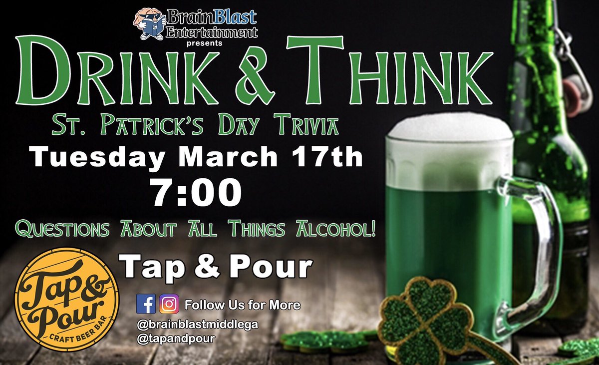 Making flyers and hosting Trivia. It’s what I do. Join me on St. Patrick’s Day for Trivia about All Things Alcohol! <a href="/tapandpour/">Tap and Pour</a> #trivia #trivianight #pubtrivia #stpatricksday #drink #beer #craftbeer #brainblastmiddlega