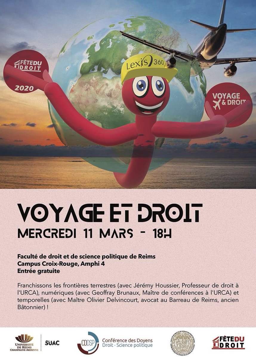 C’est la <a href="/fetedudroit/">fête du droit</a> à la Faculté de droit <a href="/universitereims/">Université de Reims Champagne-Ardenne</a> autour du thème #Voyage et #droit. Franchissons les frontières : terrestres avec Jérémy Houssier, #numerique avec @BrunauxGeoffray enseignants à l’#URCA &amp; temporelles avec <a href="/DelvincourtO/">Delvincourt Olivier</a> avocat ancien bâtonnier