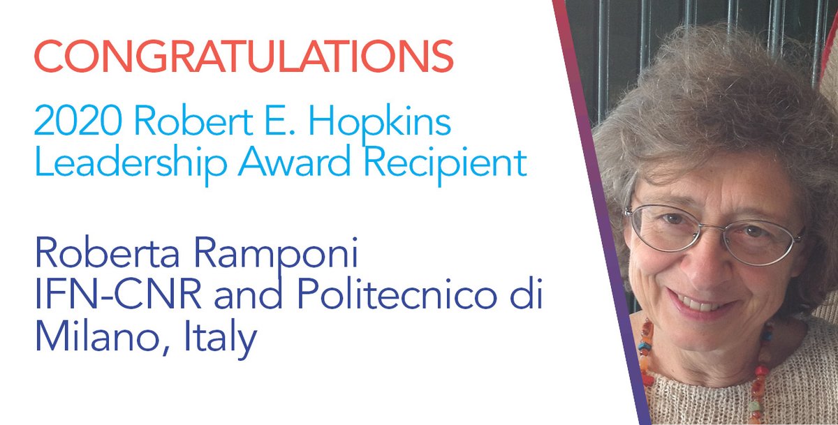 OpticaWorldwide's tweet photo. Congrats to #OSAMember Roberta Ramponi @fastgroup_ifn @polimi - 2020 Hopkins Leadership Award winner for leadership in the promotion of #optics & light-based technologies & establishing a strategic vision for #photonics in Europe. #OSAAwards #WomenInSTEM - https://t.co/GnuCqRSQkH https://t.co/nWs32TZng6