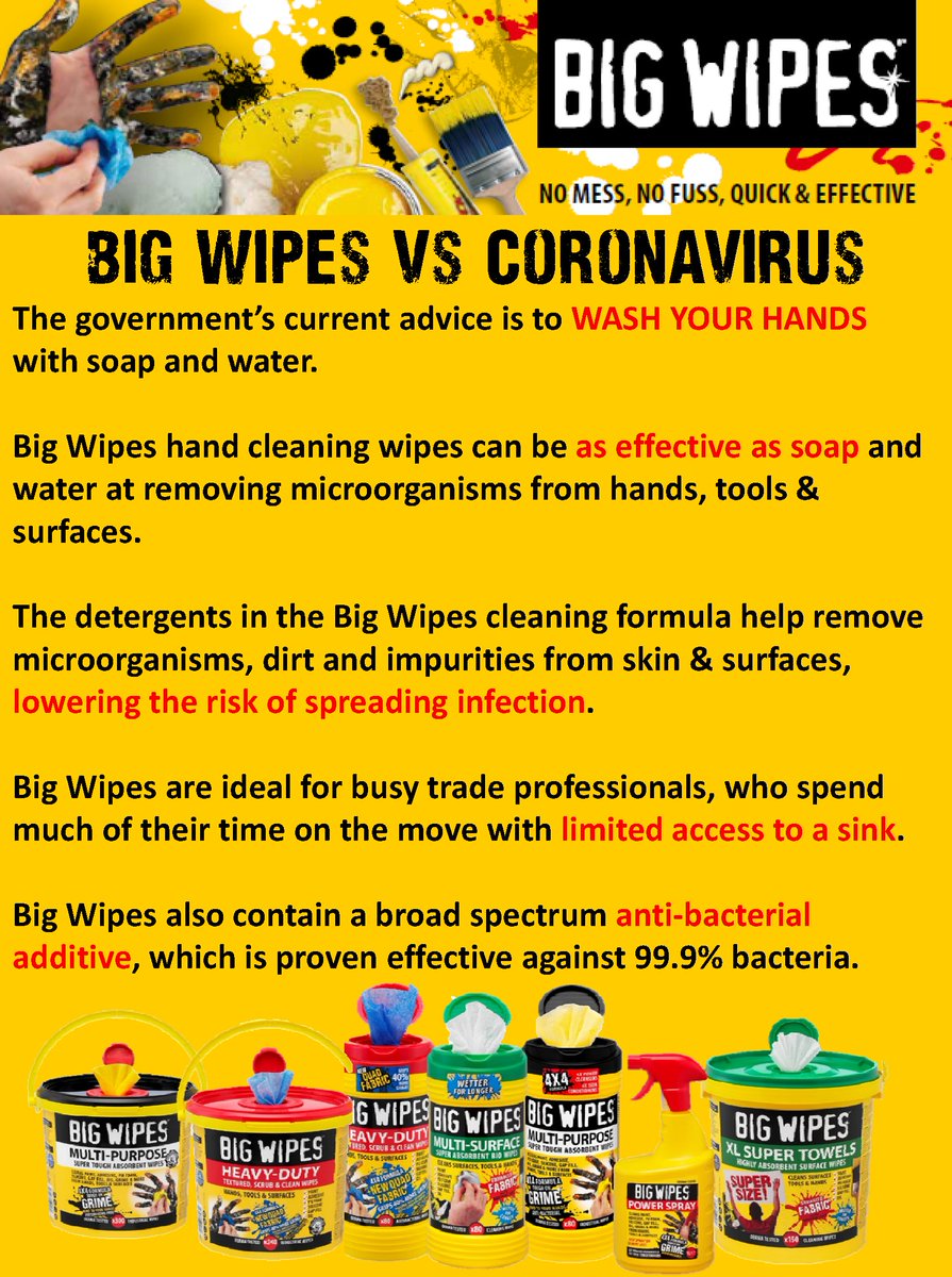 As we are being inundated with queries in respect of #coronavirus, please see a summary below or follow the link to our website bigwipes.com/coronavirus-bi….   Using Big Wipes will NOT kill the corona virus but your clean hands will help you avoid catching and spreading it.