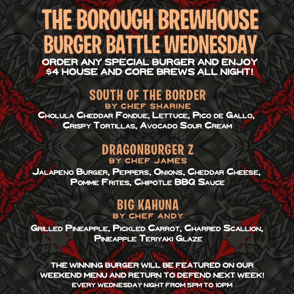BoroughBrew's tweet image. Chef James's landslide Winning DRAGONBURGER Z returns this week to Battle against two new contenders! Who's gonna take home the Championship Belt? We'll find out tonight! See you here! 🍔👑