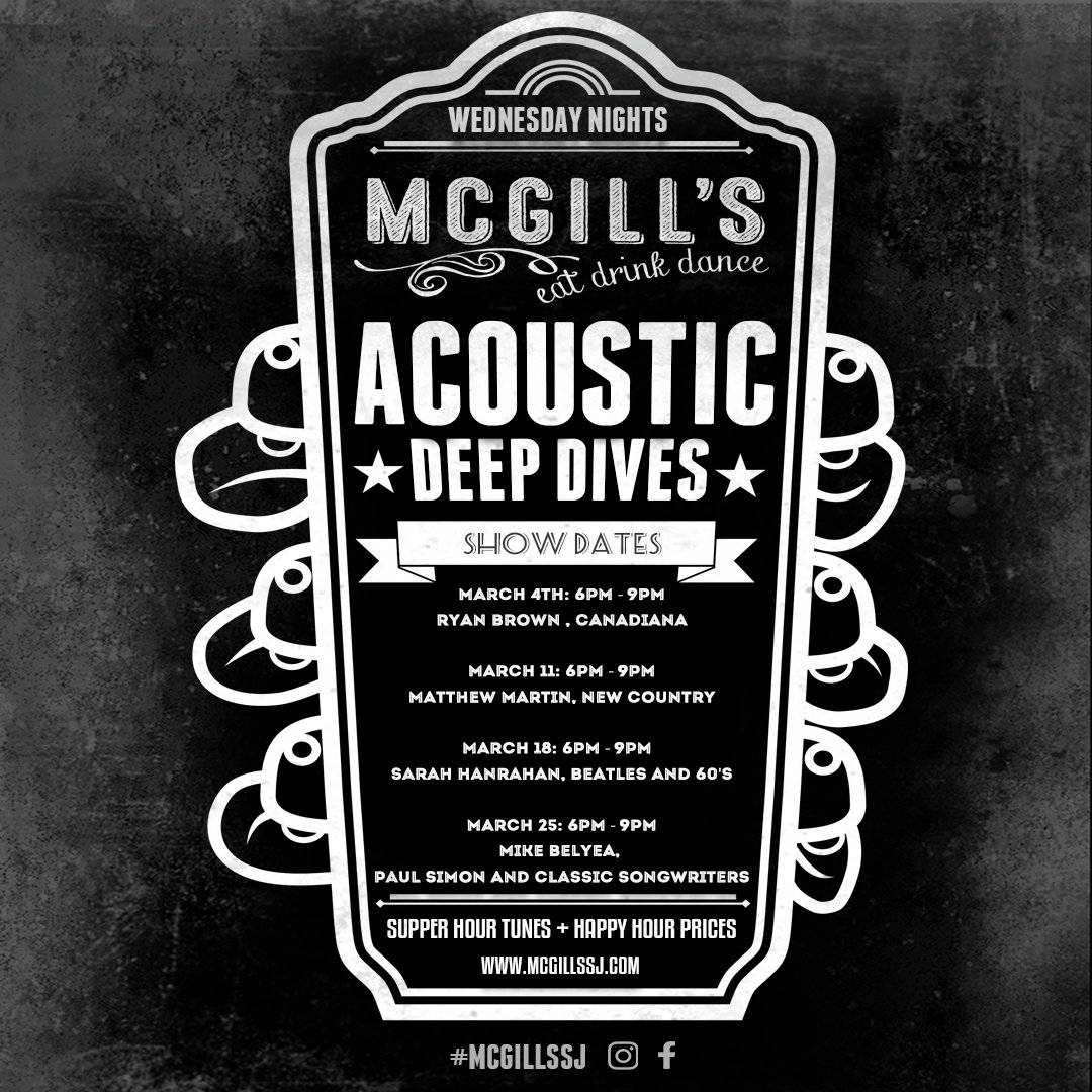 If you are looking for some early entertainment, we got you covered. Starting at 6 PM, we will have Matthew Martin performing some New Country for us. 

Pop down for dinner, happy hour and great tunes.  🎤 🍻

bit.ly/2HTHFky

#McgillsSJ