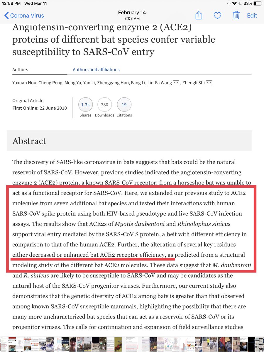 Dr Li, also, published finds on the same type of dual mutation process in 2005, using  #SARS instead of  #MERS. Another Chinese paper describes the use of a synthetic  #HIV-based proteins applied to a SARS bat virus’s spikes, to either increase or decrease ACE2 receptor efficiency.