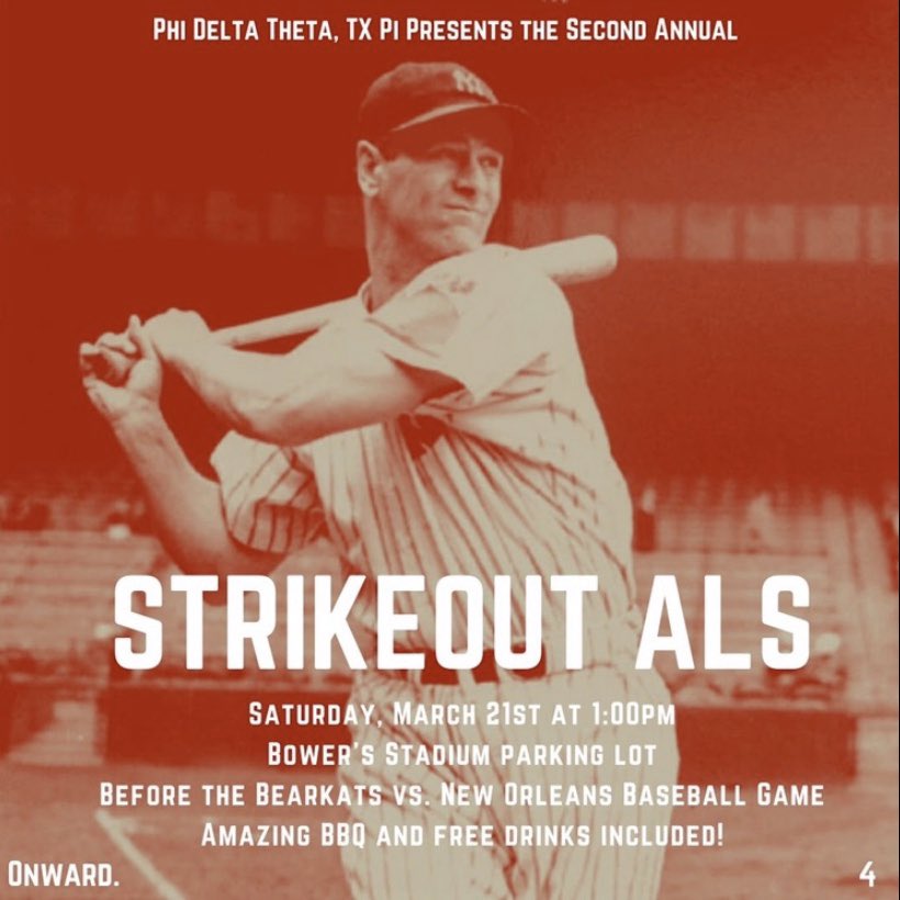 You’re on deck! Strikeout ALS with Phi Delt March 21st. Come hangout and help support our philanthropy! #PhiDelt #SHSU24 #ALS