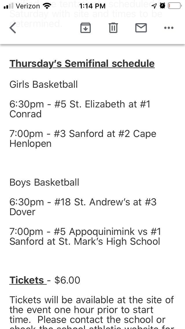 DIAA_Delaware's tweet photo. Here is the schedule for the semi finals for the basketball state championship. The finals are still tentative on time & location. #delhs #support302 #302sports #diaa https://t.co/VLwROMzlfV