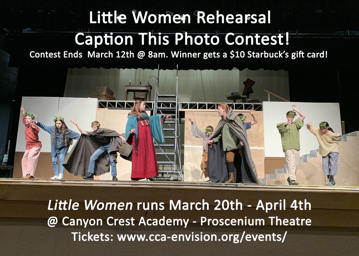 CCATheatre's tweet photo. Time to caption a photo from Little Women rehearsal! Contest ends 8am 3/12. After seeing this photo, aren't you dying to see the show? How is this possibly a photo from #LittleWomen?! Only one way to find what's actually happening: buy tickets! Link in bio. OK, now caption it: https://t.co/8KONgsoW3H