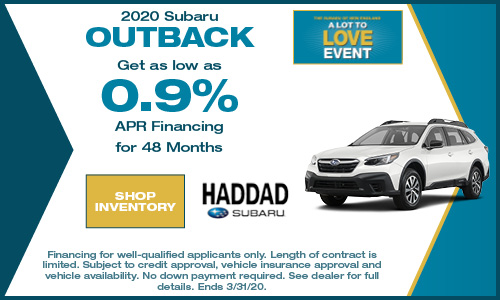 It's the Subaru A Lot to Love sales event! Did you know you can get as low as 0.9% APR for 48 months or 1.9% APR for 72 months on the all new 2020 Subaru Outback right now?! Stop in now and save! 
ow.ly/VXTO50yJcWC
#SubaruOutback2020 #HaddadSubaru #ALotToLove