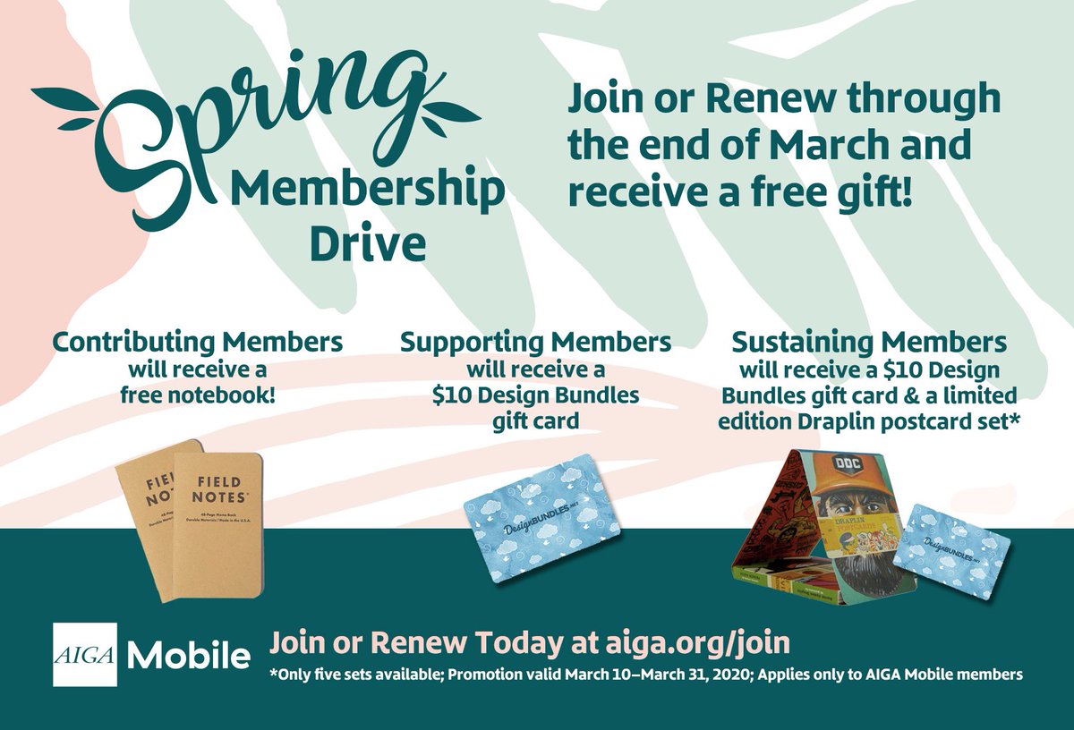 aigamobile's tweet photo. This month we are having a special spring membership drive! Join AIGA Mobile or renew your membership with our chapter through the end of March and receive a free gift! 🎉 https://t.co/b9KWwmhm8H