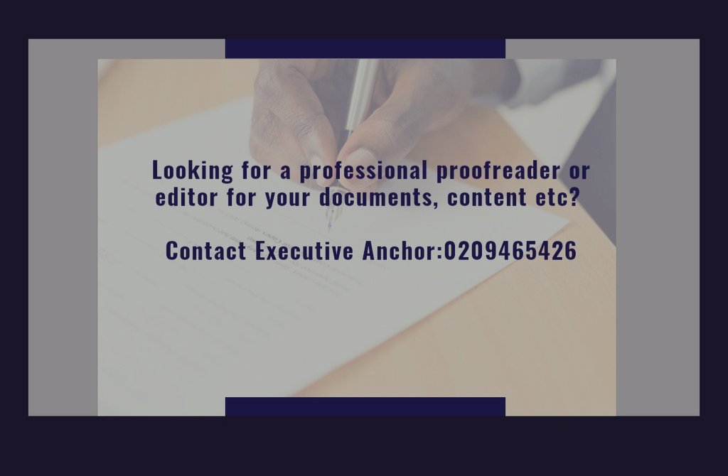 cimnesy's tweet image. Need the services of a professional Editor or Proofreader to review your contracts, rewrite your content, modify your documents etc... 
Dial: 0209465426
#trustus #excellentdelivery #contract  #executiveanchor #celebration #proofreader #editor #affordablerates #samini #ChaCha