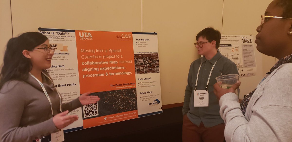 123POW's tweet photo. At #RDAP20. @TejanaArchivist and @isawil_ presenting a poster about the @@utalibraries Dallas Death Map to @ao_uriri #dataCAVE #dataviz https://t.co/oGMEtvuTNf