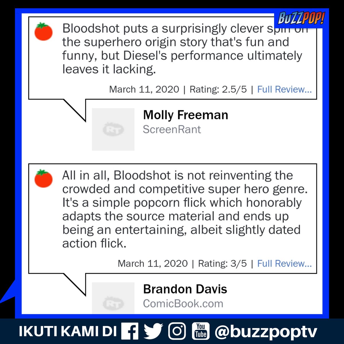 buzzpoptv's tweet photo. Nantikan reviu penuh kami esok di https://t.co/SSSWdLJyLu dan https://t.co/03qPRuSlgA
Di pawagam seluruh Malaysia mulai 12 Mac 2020.
#Reviu1Ayat #Bloodshot #SonyPictures #ValiantCinematicUniverse #BuzzPopTV https://t.co/buXAIXnWYu