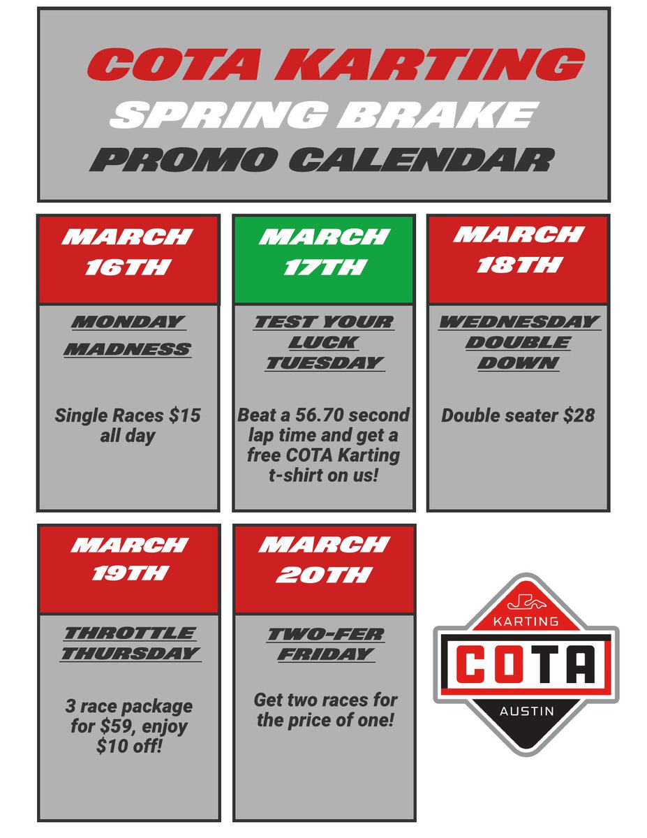 If your staying local this spring break, come and see us for our week long promotions!! Fun awaits at COTA Karting 🏎🏁