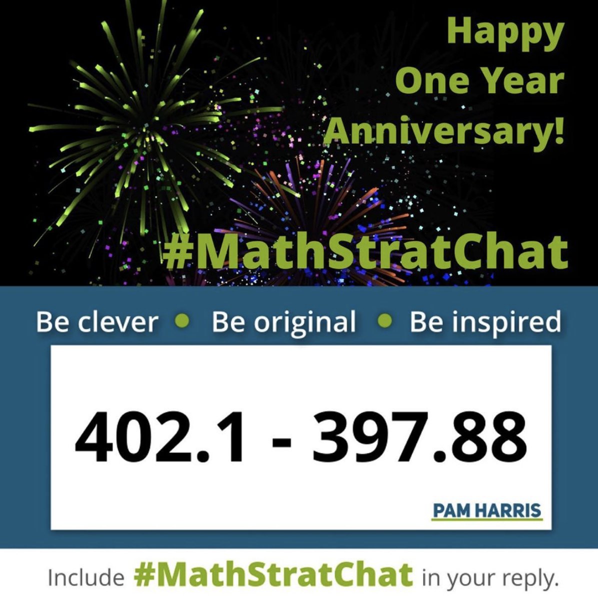 pwharris's tweet photo. Happy Anniversary #MathStratChat!
Rules: tweet a favorite, clever solution or find an equally clever strategy. Play! Comment on other's strats!
Like/Retweet so others will see!
#MTBoS #ITeachMath #MathIsFigureOutAble #MSMathChat #ElemMathChat #HSMathChat #T3Learns #DeafStemEd https://t.co/5WyMH7JLPC