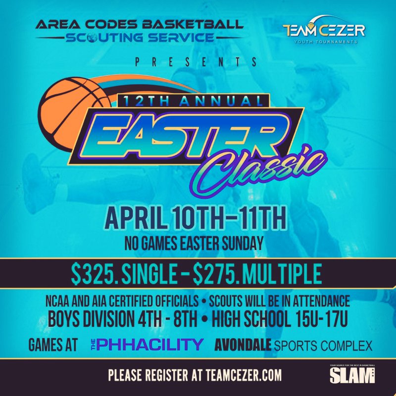 areacodes's tweet photo. EASTER CLASSIC is now open for all boy's teams in divisons 4th-8th grade and 15u-17u info https://t.co/E9K04hJKDZ @GreggRosenberg1 @TeamRHJAZ @AZSelectBoysBB @Archiebang5 @ArizonaWild10 @AZBEELite @BJ_Letcher @SaltLakeRebels @DemoMcNeal @az2nj2ark @bigcityhoops2 https://t.co/CF8FDsSYWK