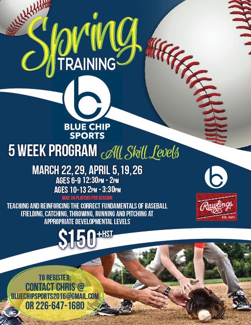 blue_chipsports's tweet photo. SPRING TRAINING REGISTRATION is open on our website under “Book Online” then click “Baseball Programs, then the Spring Training session for their appropriate age group. #bluechip #bluechipsports #kitchener #waterloo #kwawesome #kitchenerbaseball #kwbaseball #kitchenerpanthers https://t.co/g1jloLRhe1