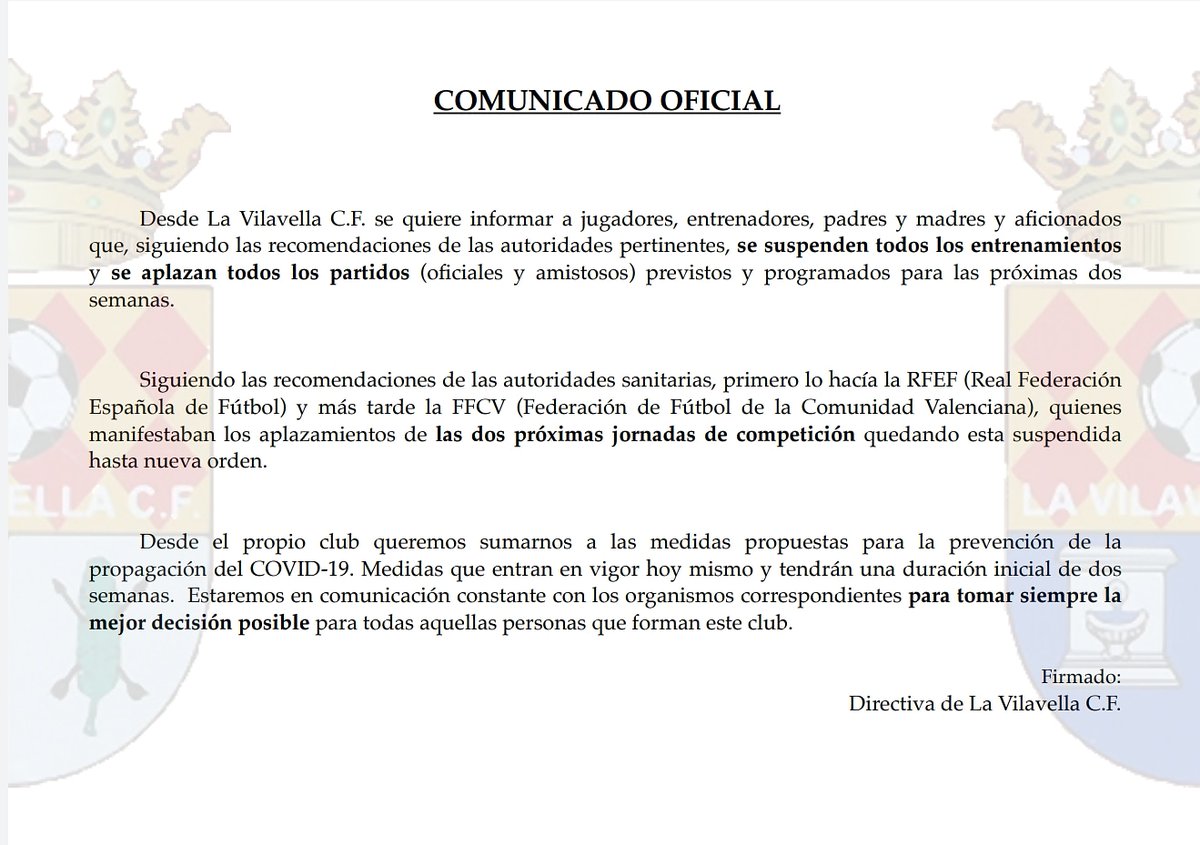 lavilavellacf's tweet photo. 🚨COMUNICADO OFICIAL🚨
😷
Ante todo, nos preocupamos por la salud de nuestra sociedad y adoptamos las medidas aconsejadas por la @ffcv_info  y la @somosrfef
🙏
Deseamos que todo vuelva a la normalidad cuanto antes!
⚽️🔴⚫⚪⚽️
#LaVilavellaCF #Coronavirus #FFCV #RFEF https://t.co/uzOlPM7z4Z