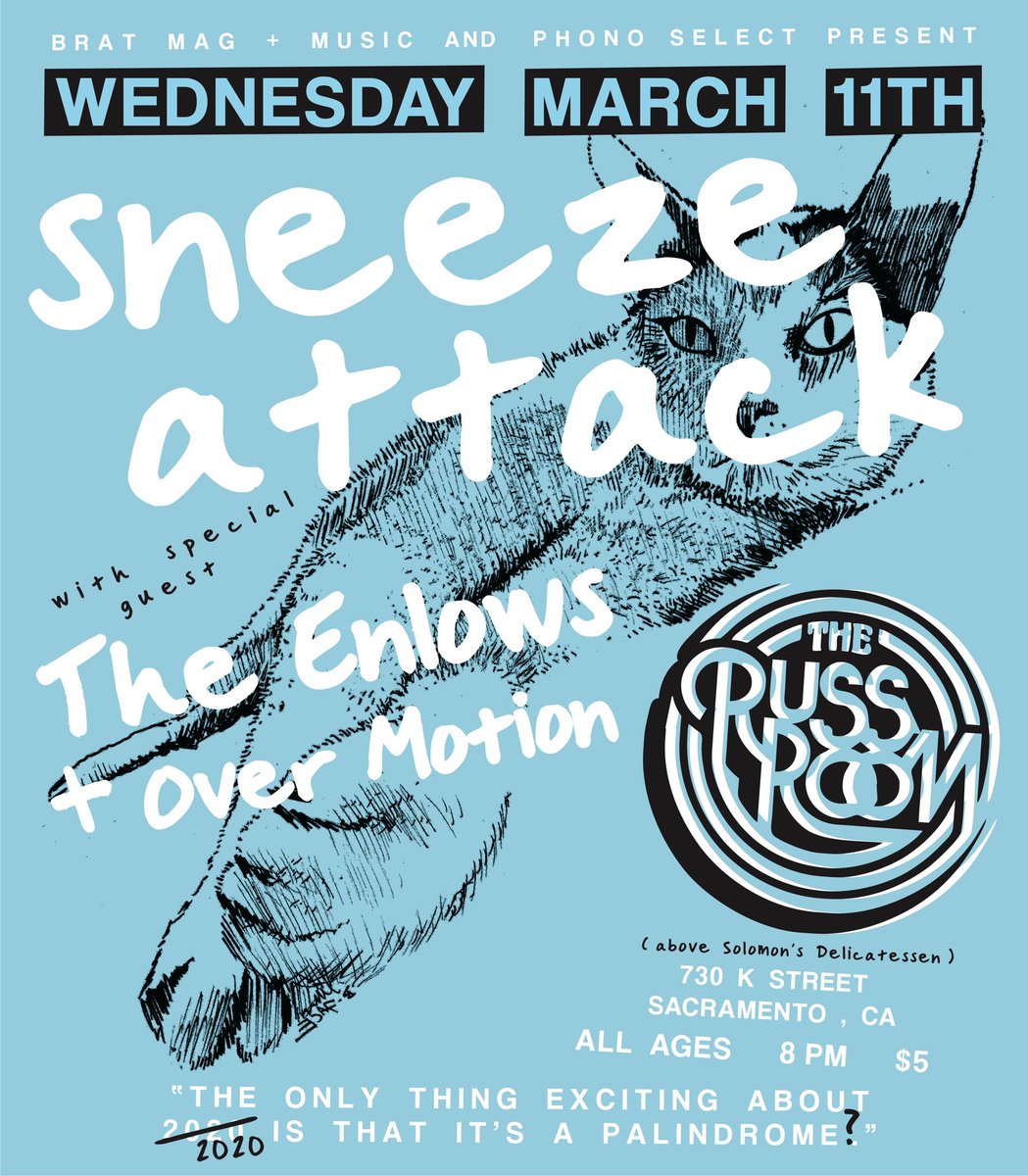 sneezeattack_'s tweet photo. EVERY WEDNESDAY IN MARCH @ The Russ Room (above Solomon’s Delicatessen) in Sac‼️ tonight with The Enlows + Over Motion 💥 https://t.co/62P0RnEBLA