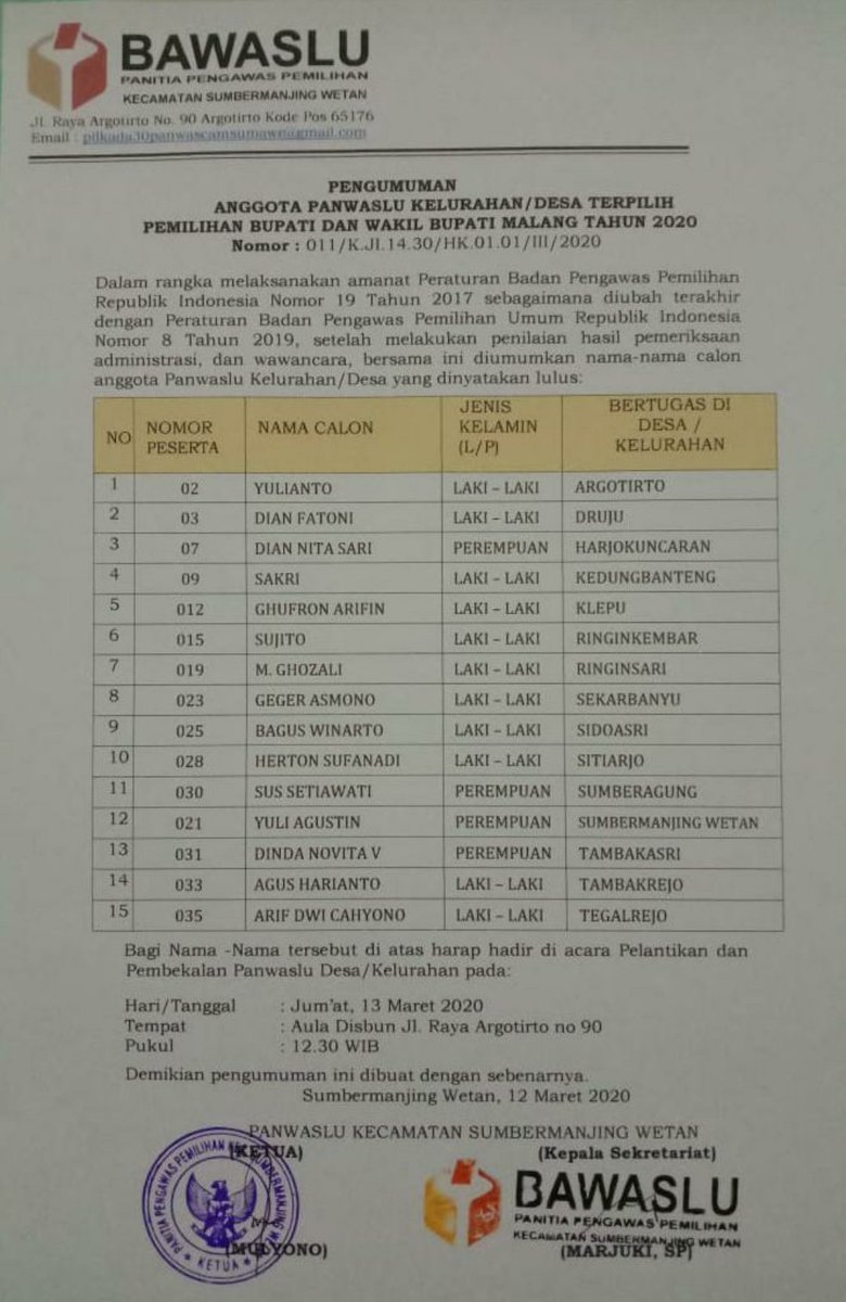 sumawe_kabmlg's tweet photo. Pengumuman panwaslu desa terpilih. #salamawas #sumawe #bawaslukabmlg https://t.co/b0jzon7vPV
