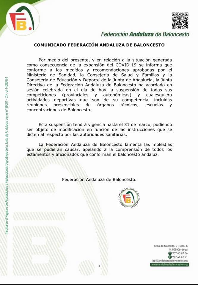 Desde el Club Baloncesto Promesas Pozoblanco informamos del comunicado de la Federación Andaluza de Baloncesto suspendiendo todas las competiciones provinciales y autonómicas de nuestro deporte hasta el próximo 31 de marzo.

Os dejamos el comunicado.

#BaloncestoPozoblanco ⛹🏻‍♀️⛹🏻‍♂️🏀