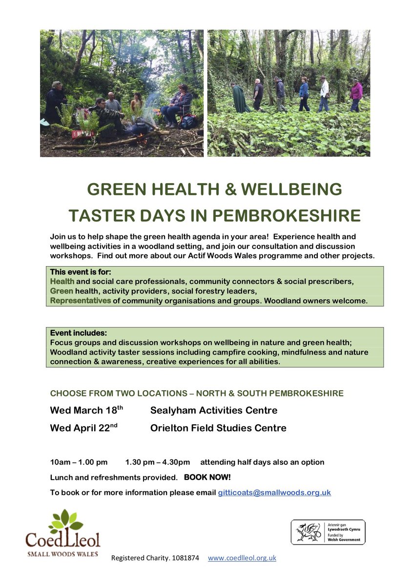 Help shape green health and wellbeing in your community. 

2 taster days in #pembrokeshire for health care professionals, outdoor activity providers, and community groups to experience/ input into opportunities for #greenhealth. 

See poster for details...