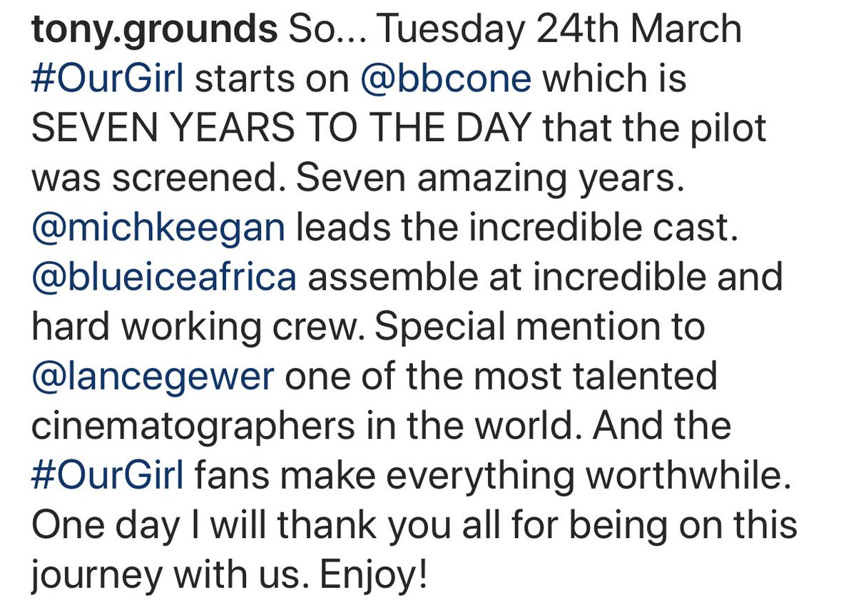#OurGirl
#S4
#GeorgieLane
#TwoSection
#SpecialForces 
#24March2020

Words from the Bossman himself <a href="/TonyGrounds/">tony grounds</a> 

What a journey this has been 7 years has just flown by. 

We are proud to be in your platoon!

We’re nearly there!!! 💜