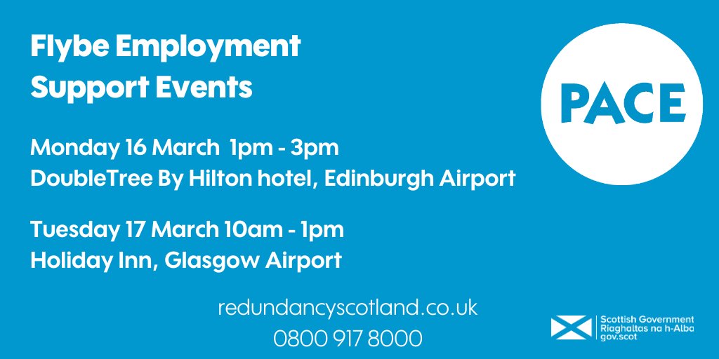 skillsdevscot's tweet photo. People affected by the #Flybecollapse are welcome to attend two events in Glasgow and Edinburgh next week. Local PACE #redundancy advisers will be on hand to offer specialist support. https://t.co/gqWOL1vo19 https://t.co/UaHg6pRPFc