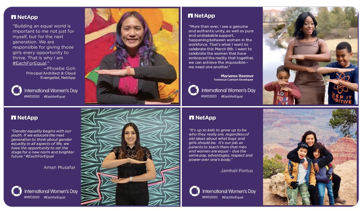 NetappSaas's tweet photo. Throwback | we celebrated #InternationalWomensDay with quotes from some of our #NetApp employees &amp; partners!

Learn more about #IWD2020 #EachforEqual: https://t.co/D2KKOUMEVn @LifeAtNetAppn 
@NetAppWIT
#InternationalWomenDay2020 https://t.co/FrhqaReup3